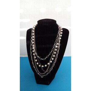 Layered Chain‎ Necklace Faux Pearl Silver Tone Statement Fashion Jewelry